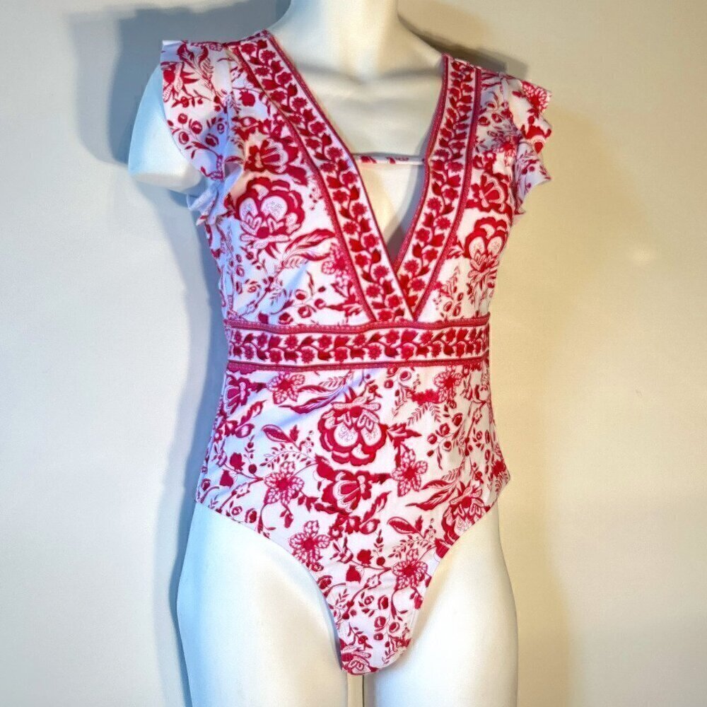 Swimsuit Pink and White Floral SZ L Flutter Sleeve Beach Swim Resort Vacation